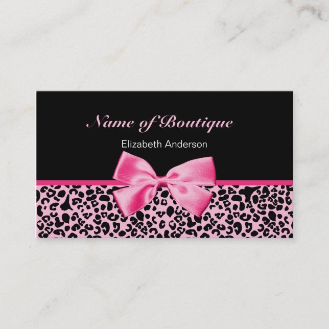 Trendy Boutique Pink And Black Leopard Pink Ribbon Business Card (Front)
