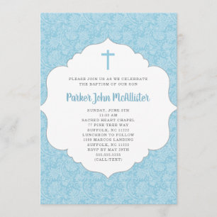 Trendy Boy Baptism invitation, blue damask Invitation