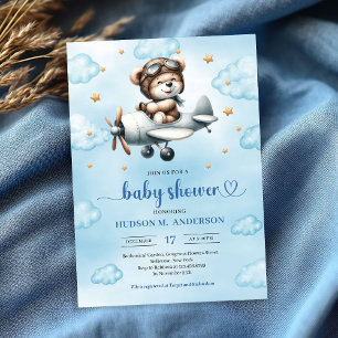 Trendy Boy Shower Teddy Bear Pilot Blue Brown Invitation