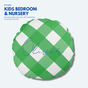 Trendy Boys Blue and Green Gingham Monogram Pillow