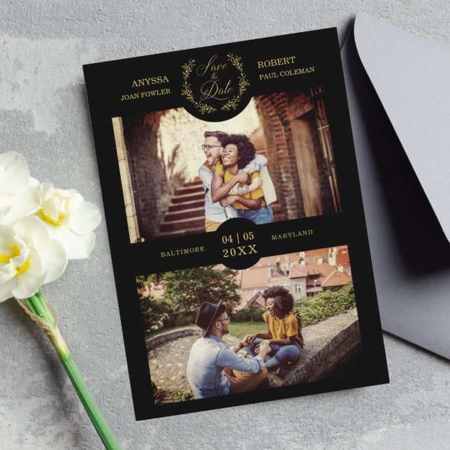 Trendy Branches Black Personalised 2 Photo Couple Save The Date (Creator Uploaded)