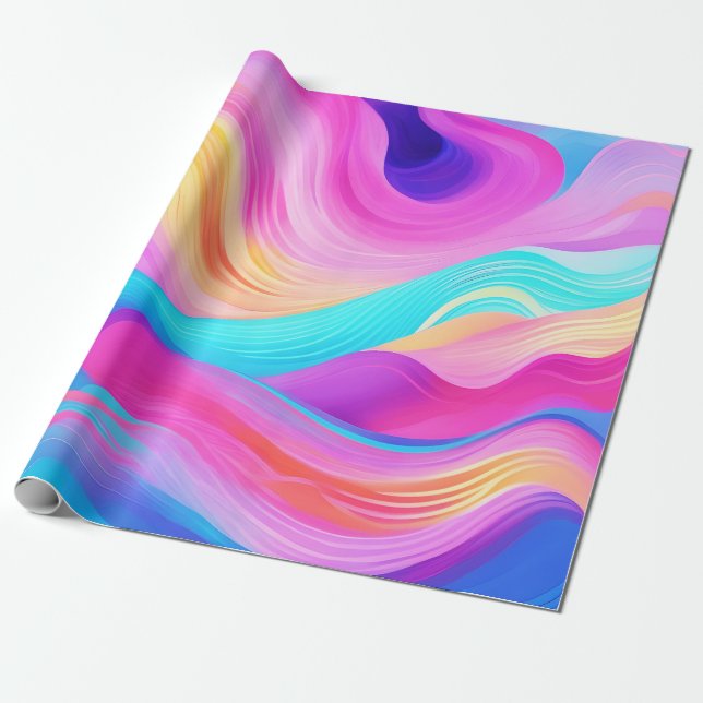 Trendy Bright Blue Pink Yellow Abstract Pattern  Wrapping Paper (Unrolled)