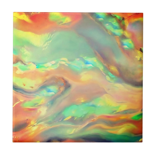 Trendy bright colourful faux holographic opal ceramic tile (Front)