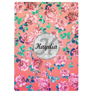 Trendy Bright Girly Pink Vintage Floral Monogram Clipboard