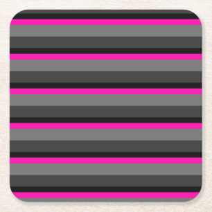 trendy bright neon pink black and grey striped square paper coaster