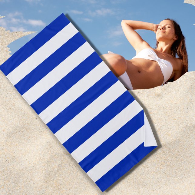Trendy Bright Summer Primary Blue Stripes Beach Towel (Creator Uploaded)