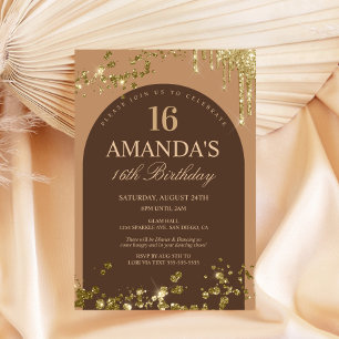 Trendy Brown and Gold Faux Glitter Drip Birthday Invitation