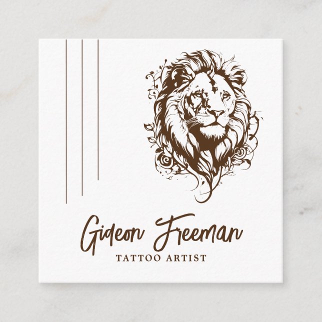 Trendy Brown and White Lion Tattoo Artist Square Business Card (Front)