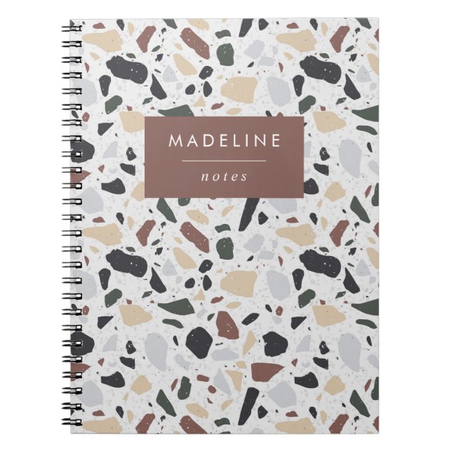 Trendy Brown Green & Gold Terrazzo Notebook (Front)