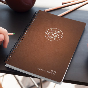 Trendy Brown Leather Modern Logo Weekly Planner