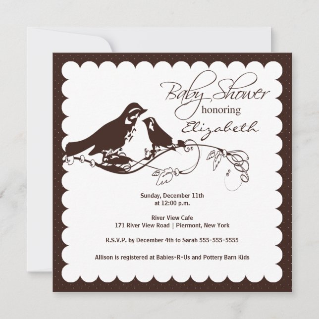 Trendy Brown Mum & Baby Bird Baby Shower Invitation (Front)