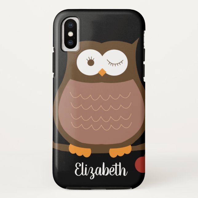 Trendy Brown Owl w/ Name Cell Phone Case (Back)