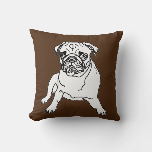 Trendy Brown Pug Dog Drawing Cushion Pillow (Front)