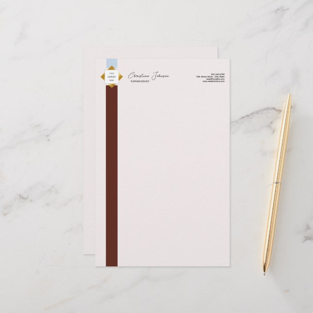 Trendy Brown Stripes Gold Logo Stationery (Front/Back In Situ)