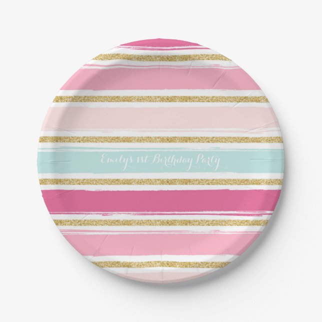 Trendy Brush Stripes Gold Glitter Paper Plates (Front)