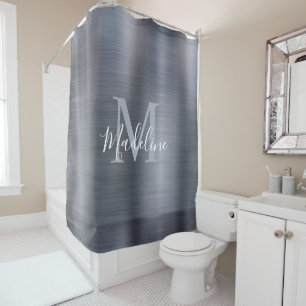 Trendy Brushed Metal Black Silver Gray Monogram Shower Curtain