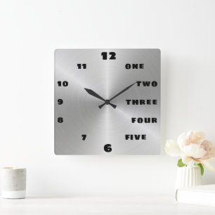Trendy Brushed Steel Black Letter Number Face Square Wall Clock