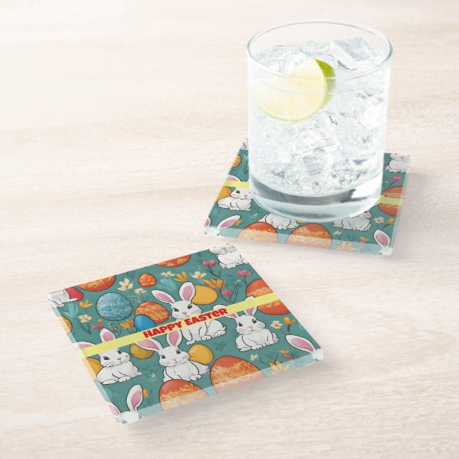 Trendy Bunny Easter Collection Glass Coaster (Angled)