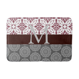 Trendy Burgundy and Grey Damask Monogram Bath Mat