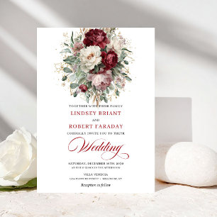 Trendy Burgundy and White Flowers Wedding Invite