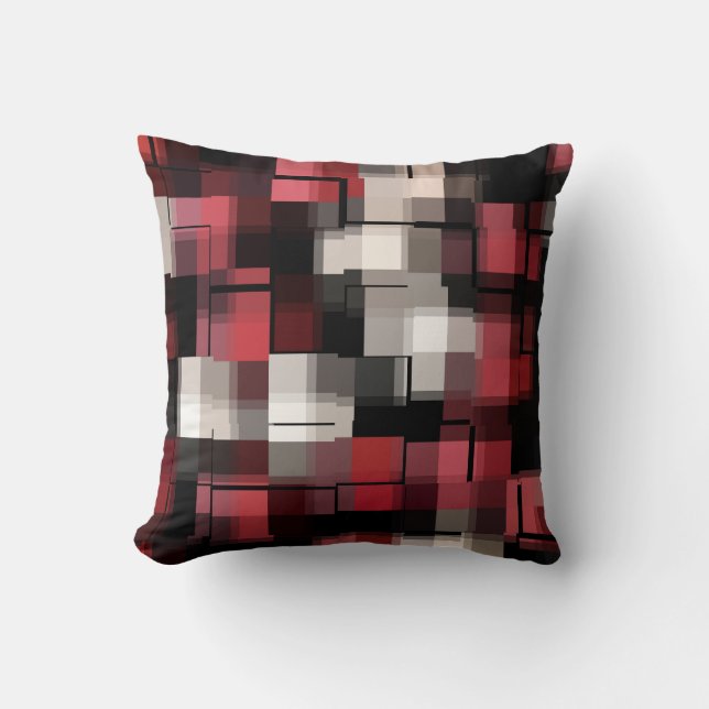 Trendy Burgundy Black White Abstract Plaid Cushion (Front)