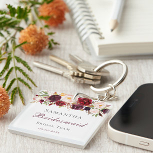 Trendy Burgundy & Blush Pink Roses Entourage Gift Key Ring