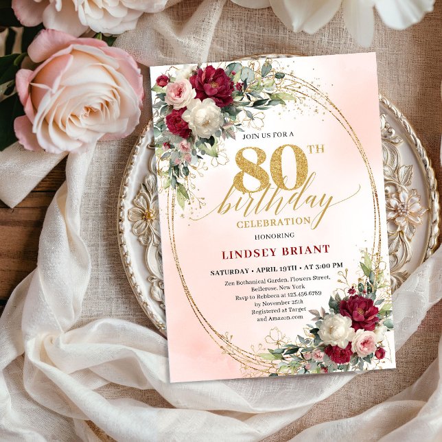 Trendy Burgundy Boho Chic 80th Birthday Invitation (Trendy Burgundy Boho Chic 80th Birthday Invitation)