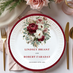 Trendy Burgundy Floral Bohemian Gold Paper Plates