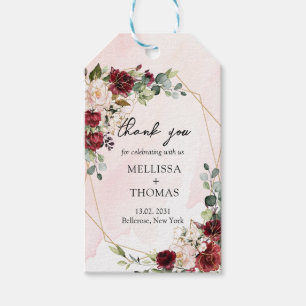 Trendy burgundy floral eucalyptus and gold wedding gift tags