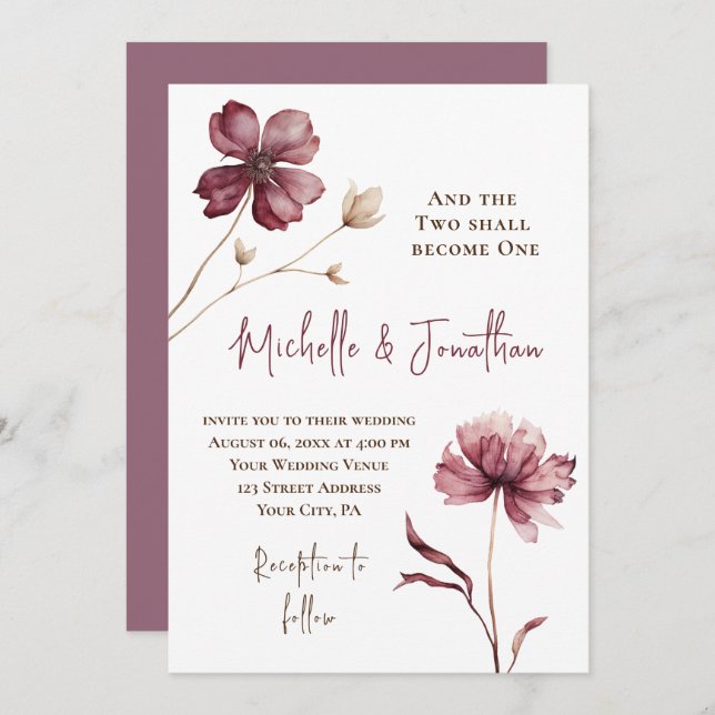 Trendy Burgundy Flowers Christian Bible Wedding Invitation (Front/Back)
