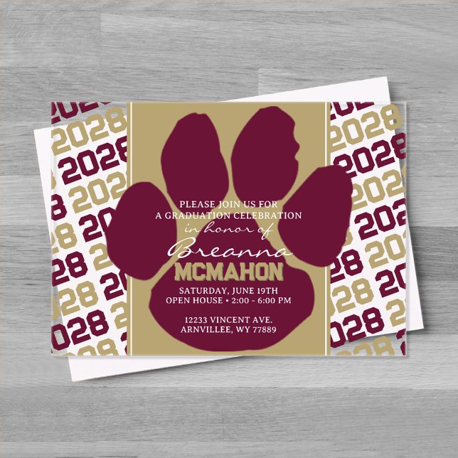 Trendy Burgundy & Gold Graduation Pawprint Clear Acrylic Invitations (Bronze Gold Green and Burgundy Frosted Acrylic Pawprint Graduation Invitation)