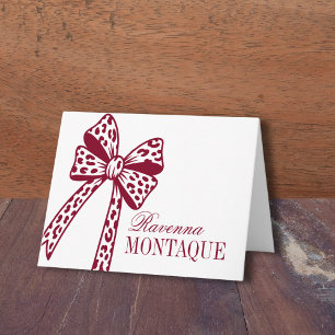 Trendy Burgundy Leopard Bow Handwritten Name Party Note Card