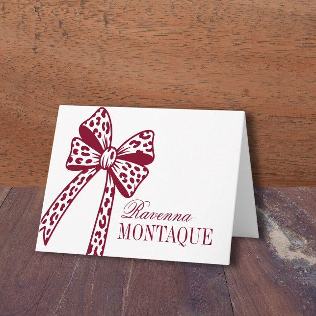 Trendy Burgundy Leopard Bow Handwritten Name Party Note Card (Creator Uploaded)