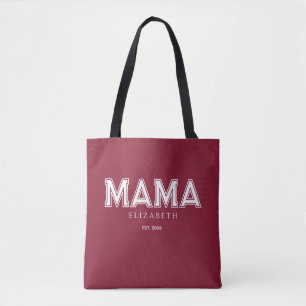 Trendy Burgundy Mama with Name and EST. Year Tote Bag
