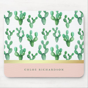 Trendy Cactus   Blush and Faux Gold Desert Pattern Mouse Pad