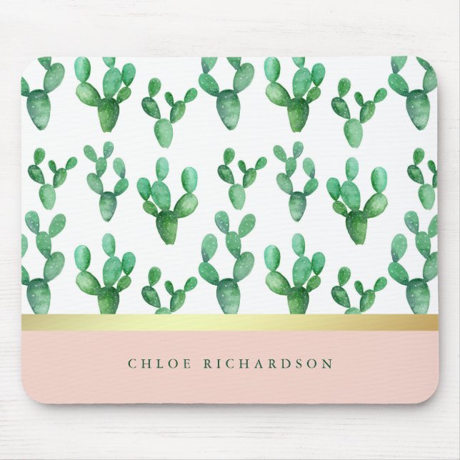 Trendy Cactus | Blush and Faux Gold Desert Pattern Mouse Pad (Front)