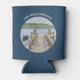 Trendy Can Cooler Watercolor Dock Lake Mountains 
