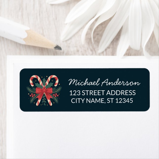 Trendy Candy cane with Holly leaves Return Address Label (Insitu)