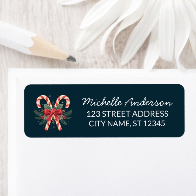 Trendy Candy cane with Holly leaves Return Address Label (Insitu)