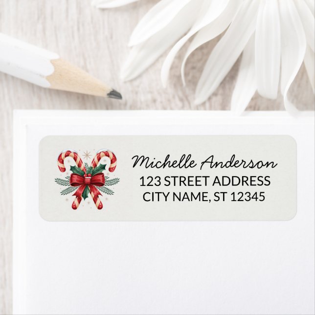 Trendy Candy cane with Holly leaves Return Address Label (Insitu)