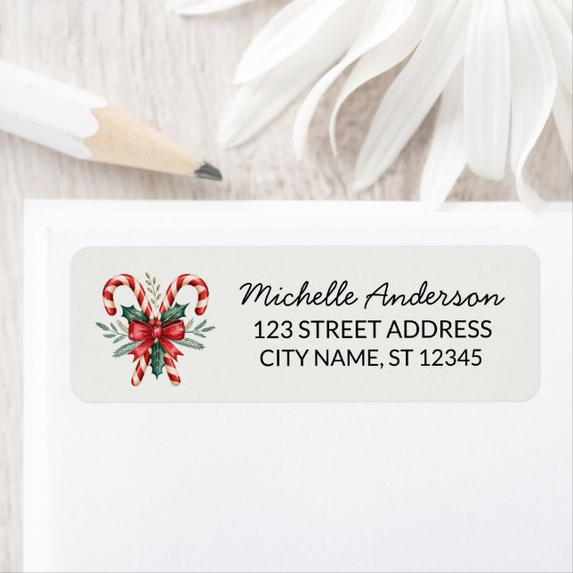 Trendy Candy cane with Holly leaves Return Address Label (Insitu)