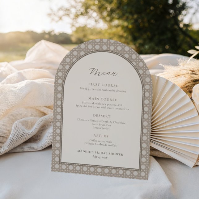 Trendy Cane Weave Rattan Bridal Shower Menu Card (Trendy cane weave rattan print menu design with arch and modern calligraphy)