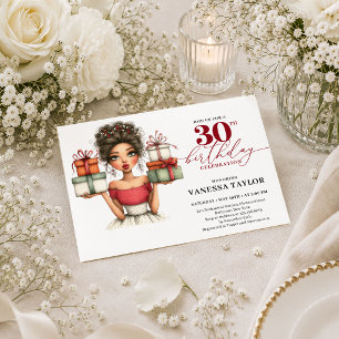 Trendy Cartoon Woman 30th Birthday Marsala Red Par Invitation