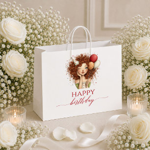 Trendy Cartoon Woman Burgundy Script Birthday gift Large Gift Bag