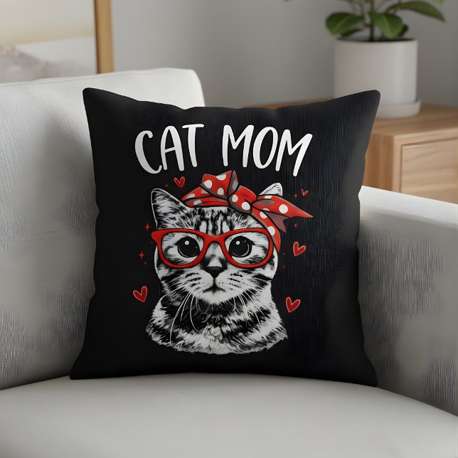 Trendy Cat Mom with Glasses & Bandana Black  Cushion (Creator Uploaded)