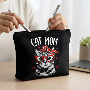 Trendy Cat Mum with Glasses & Bandanna Black  Accessory Pouch