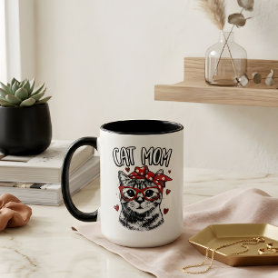 Trendy Cat Mum with Glasses & Bandanna White Coffe Mug