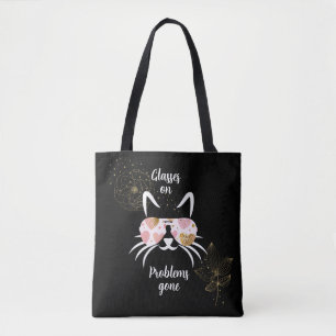 Trendy cat wearing glasses on black background tote bag