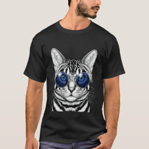 Trendy Cat with Blue Round Glasses Funny Artistic T-Shirt