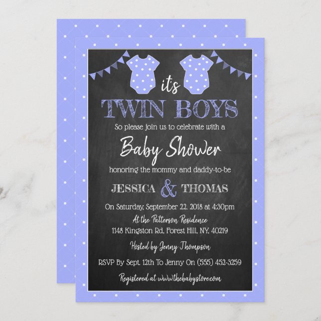 Trendy Chalkboard Twin Boys Baby Shower Invitation (Front/Back)